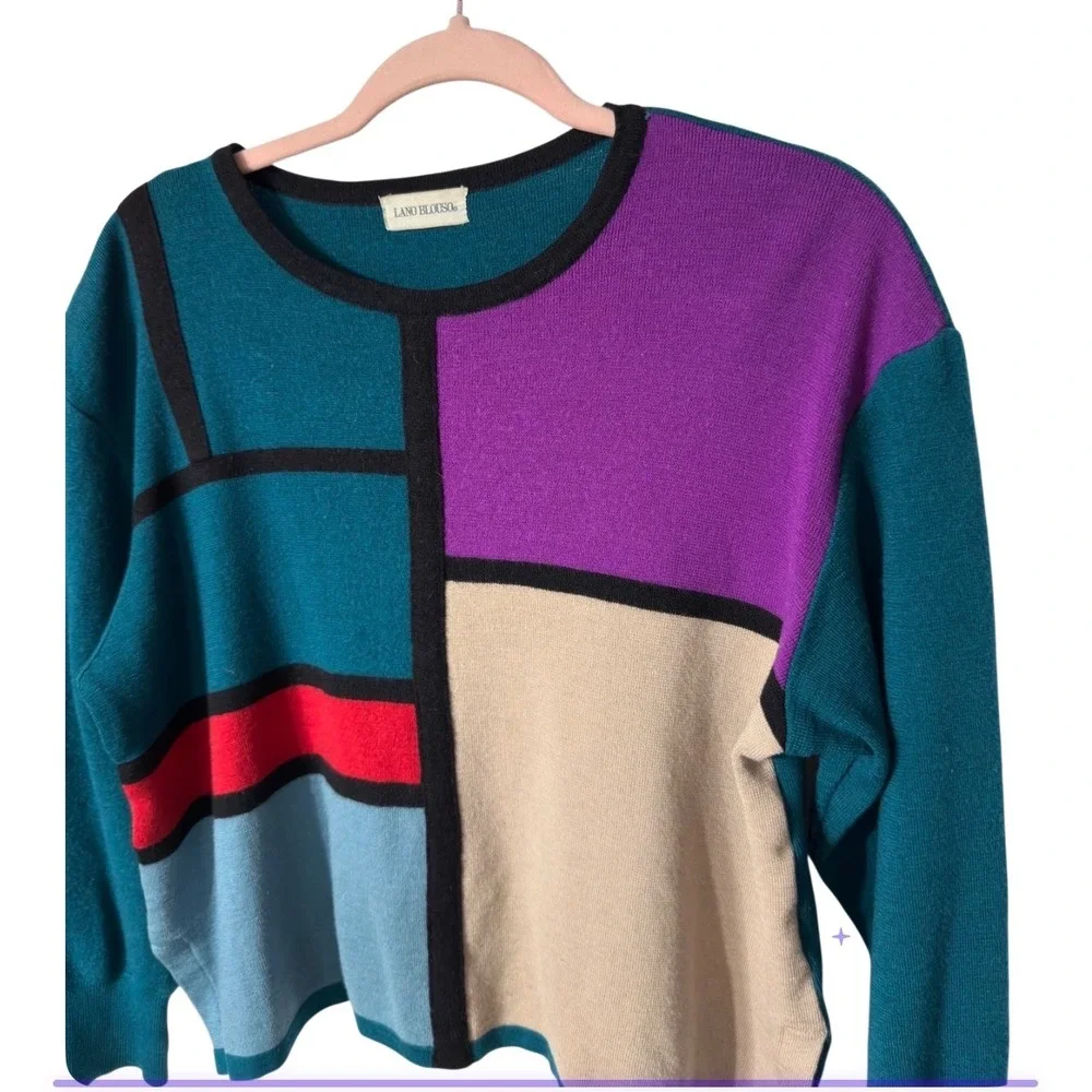 Lano Blouso Vintage Wool Colorblock Sweater Geometric Mondrian Style Teal Purple